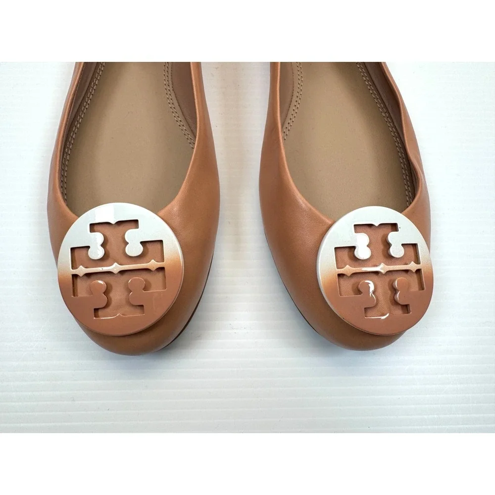 Tory Burch Claire‎ Travel Ballet Flats Women 11M NWOB Leather Dip-Dye Logo Tan